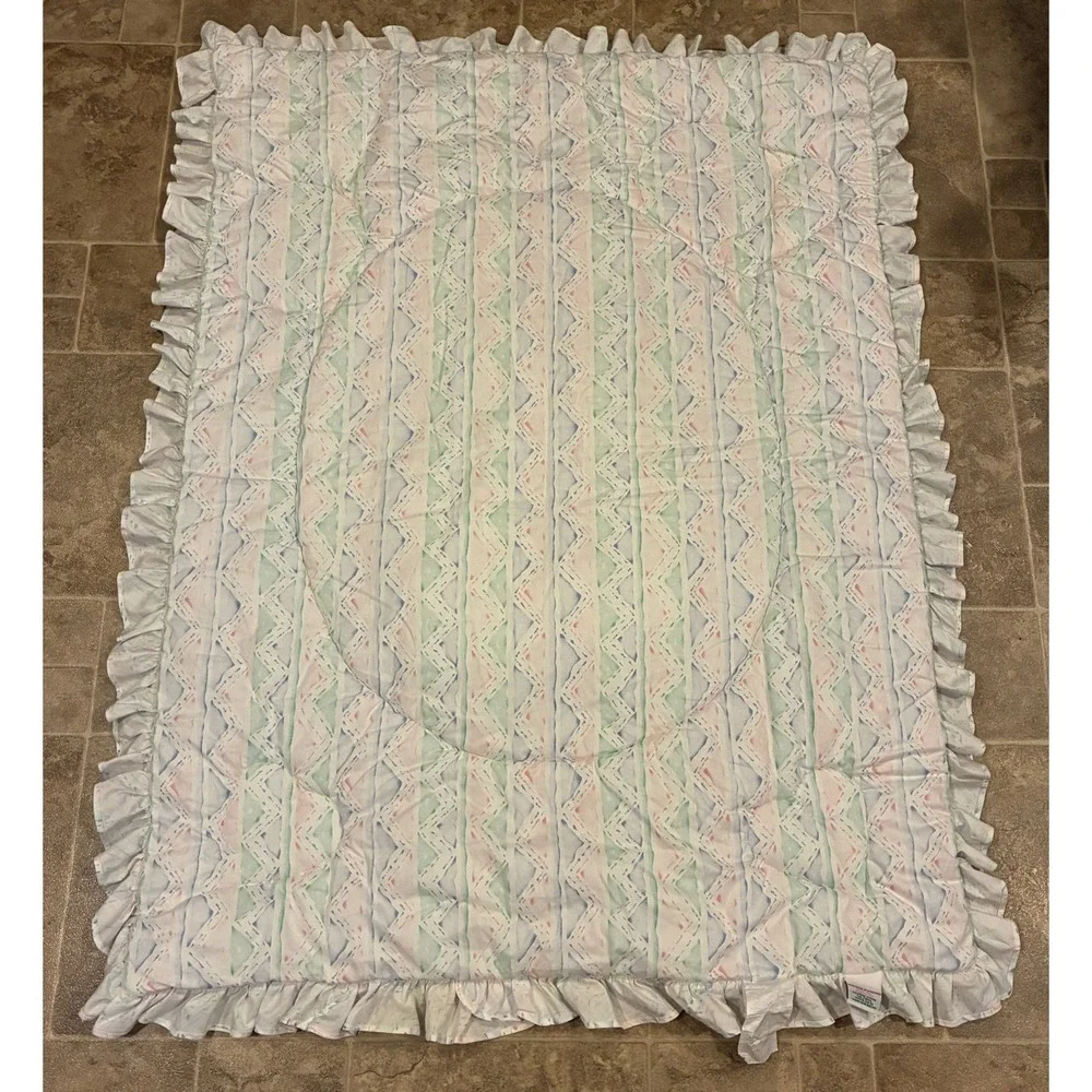 Vtg Lambs & Ivy Bunny Balloons Appliqué Hearts Crib Quilt Sheet~Blue Pink White
